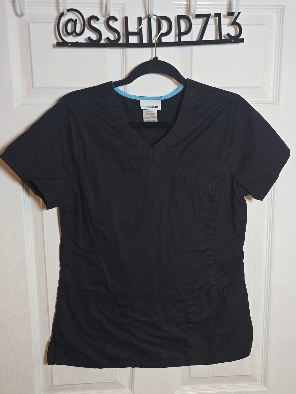 Scrubstar XS Black Short Sleeve V-Neck Scrub Top with Blue Trim